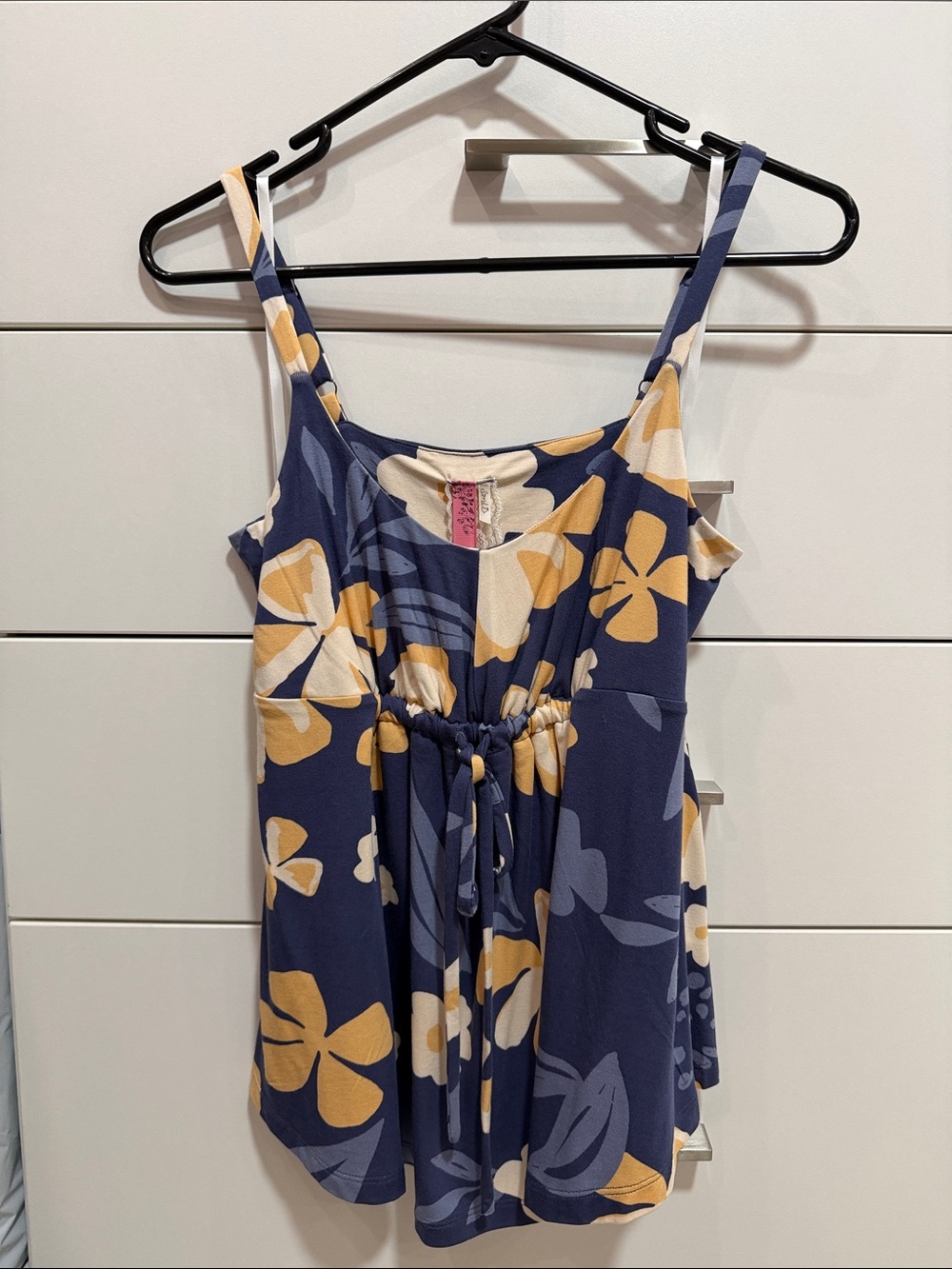 NWT, Cinnamon Girl Navy Floral Drawstring Tank Top - Yellow & Cream Blooms